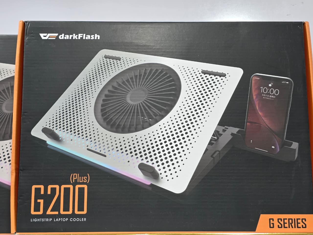 DarkFlash G200 RGB Lightstrip Laptop Cooler, (Black, Silver Metal Panel) with Phone Holder